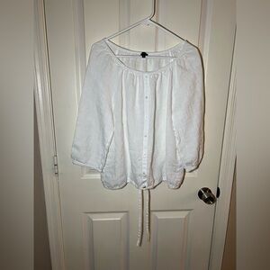 Talbots White Linen Peasant Blouse Medium Button Front Tie Hem Top